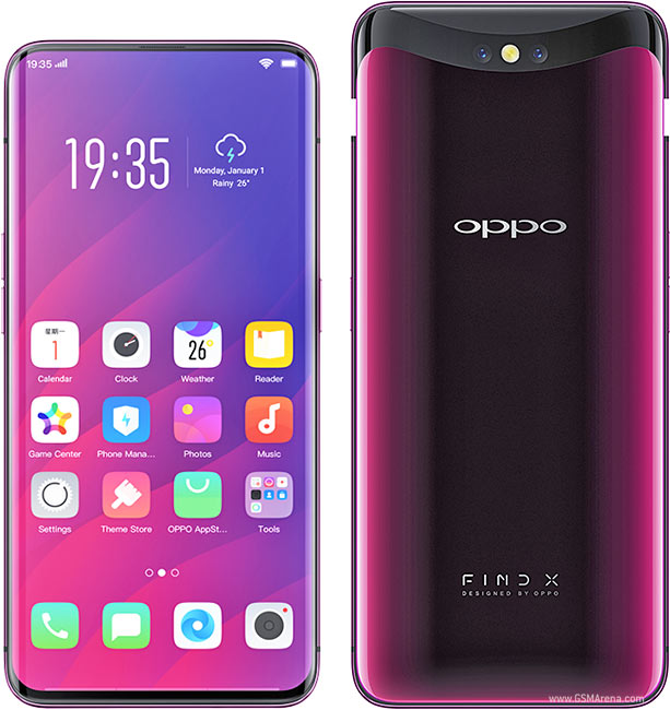 Picture of the Oppo Find X smartphone. It is bezel-less, and has a slider off the top of the phone which contains the front and back cameras and sensors. The phone's back is purple with a black mirror color in the middle of the glass back.